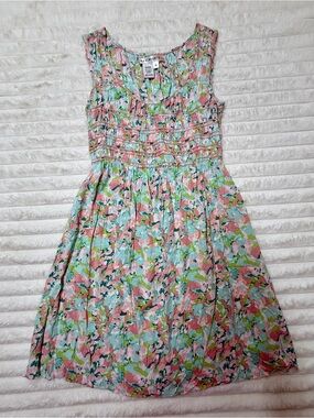 Max Studio Pink Green Floral Smocked Casual Dress